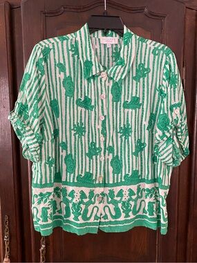 Calypso St Barth green & white unique Greek pattern short sleeve button front